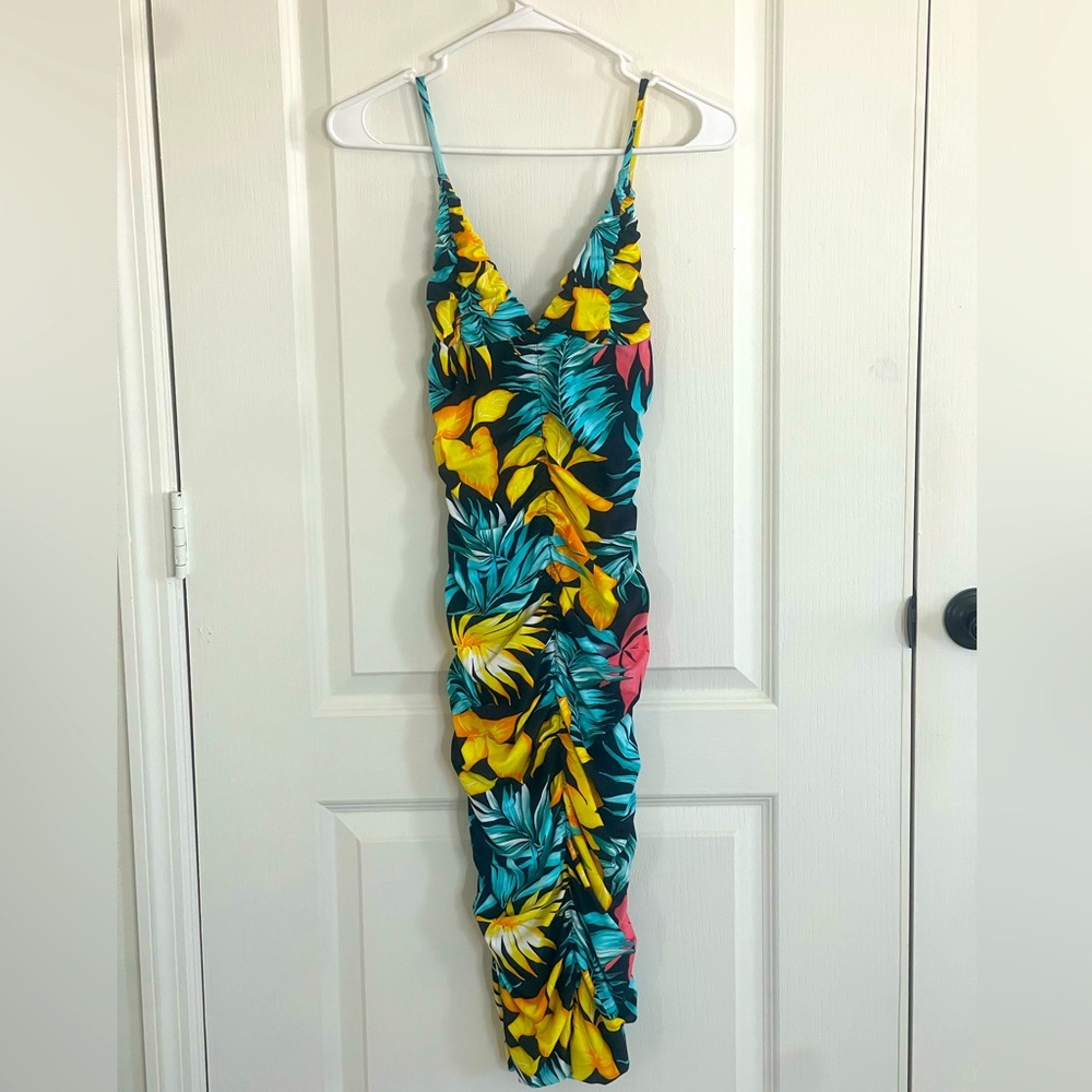Hot Miami Styles Ruched Tropical Floral Dress S